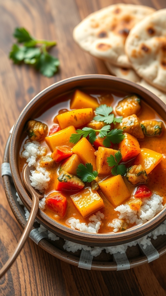 A bowl of colorful vegetable curry with coconut sauce, garnished with cilantro, served with rice and naan.